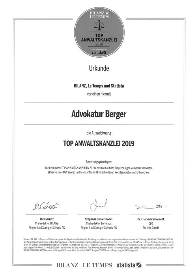 Urkunde "Top Anwaltskanzlei 2019"