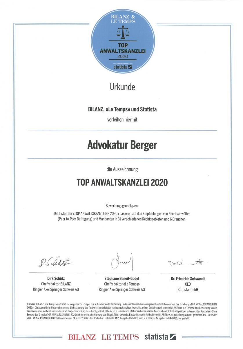 Urkunde Top Anwaltskanzlei 2020